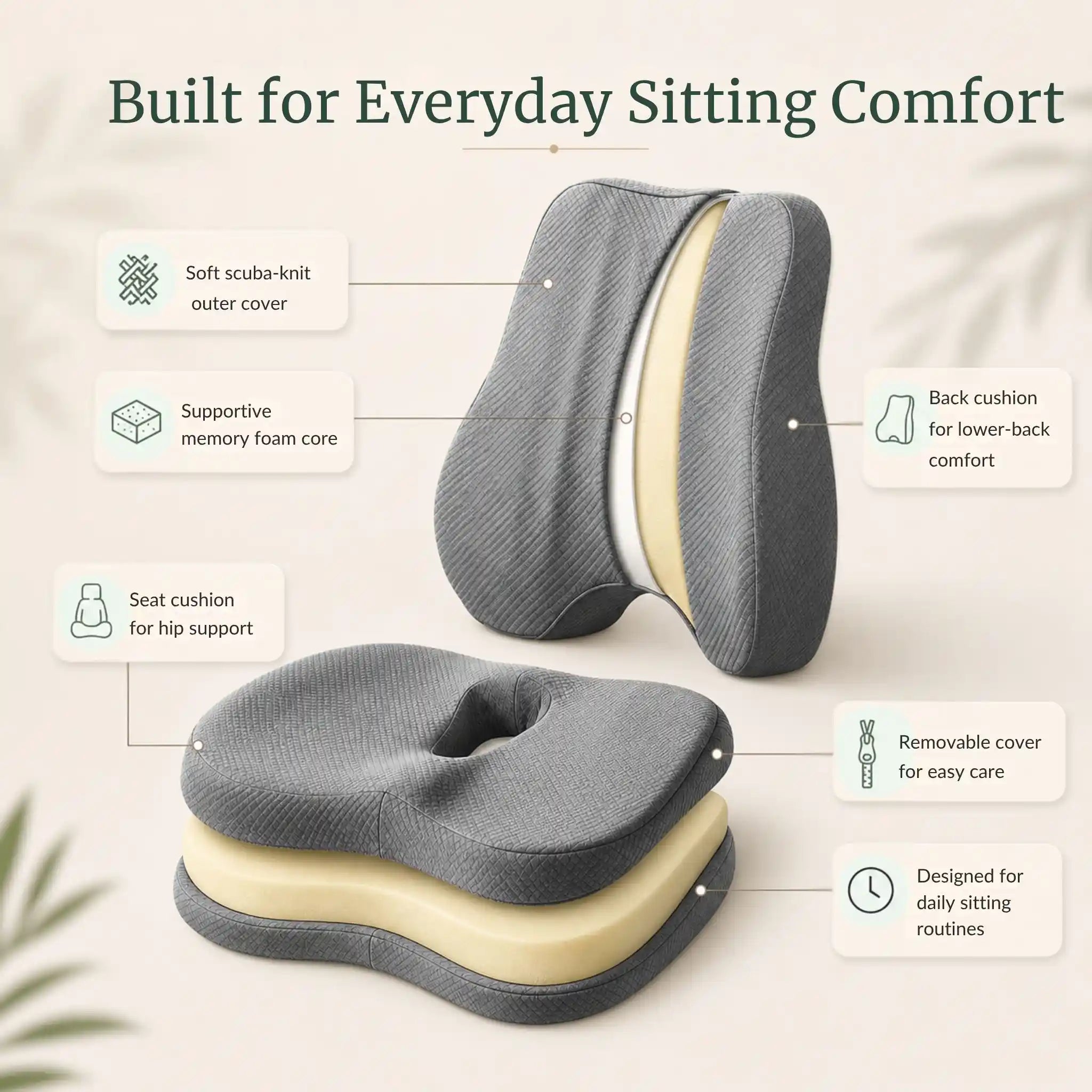 Callouts showcasing the unified dual-zone support of the seat cushion and lumbar pillow set.