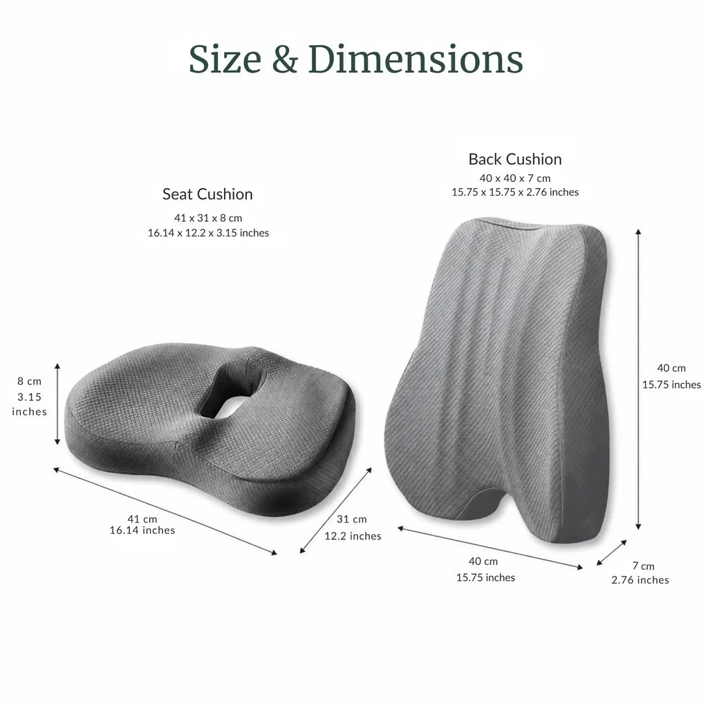 A complete dimension guide for both items in the RelievoCare Full Support Seat Set bundle.