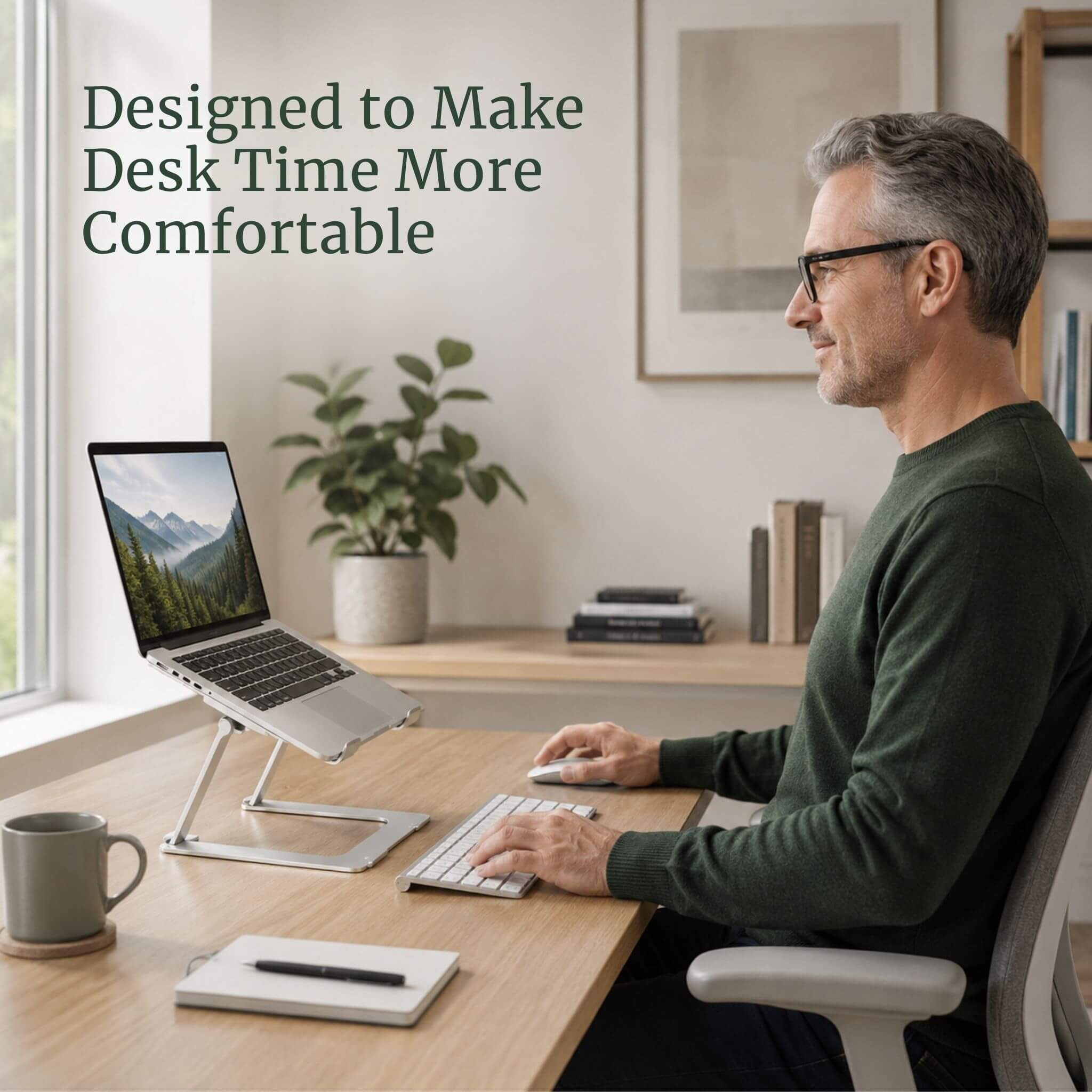 A desk worker using the RelievoCare laptop stand to elevate their screen to eye level, maintaining a healthy upright sitting posture.