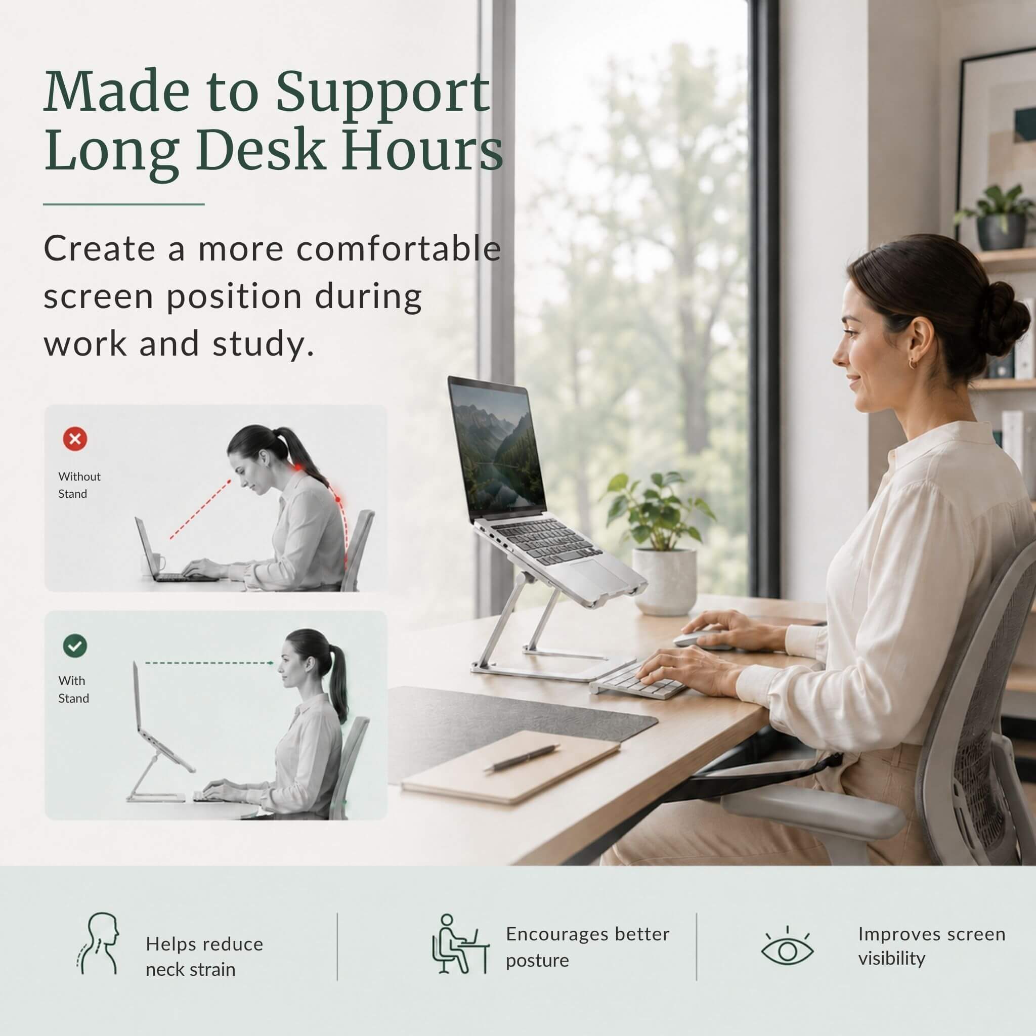 RelievoCare ergonomic riser designed for long sitting hours to relieve neck tension and shoulder stiffness caused by looking down at a screen.