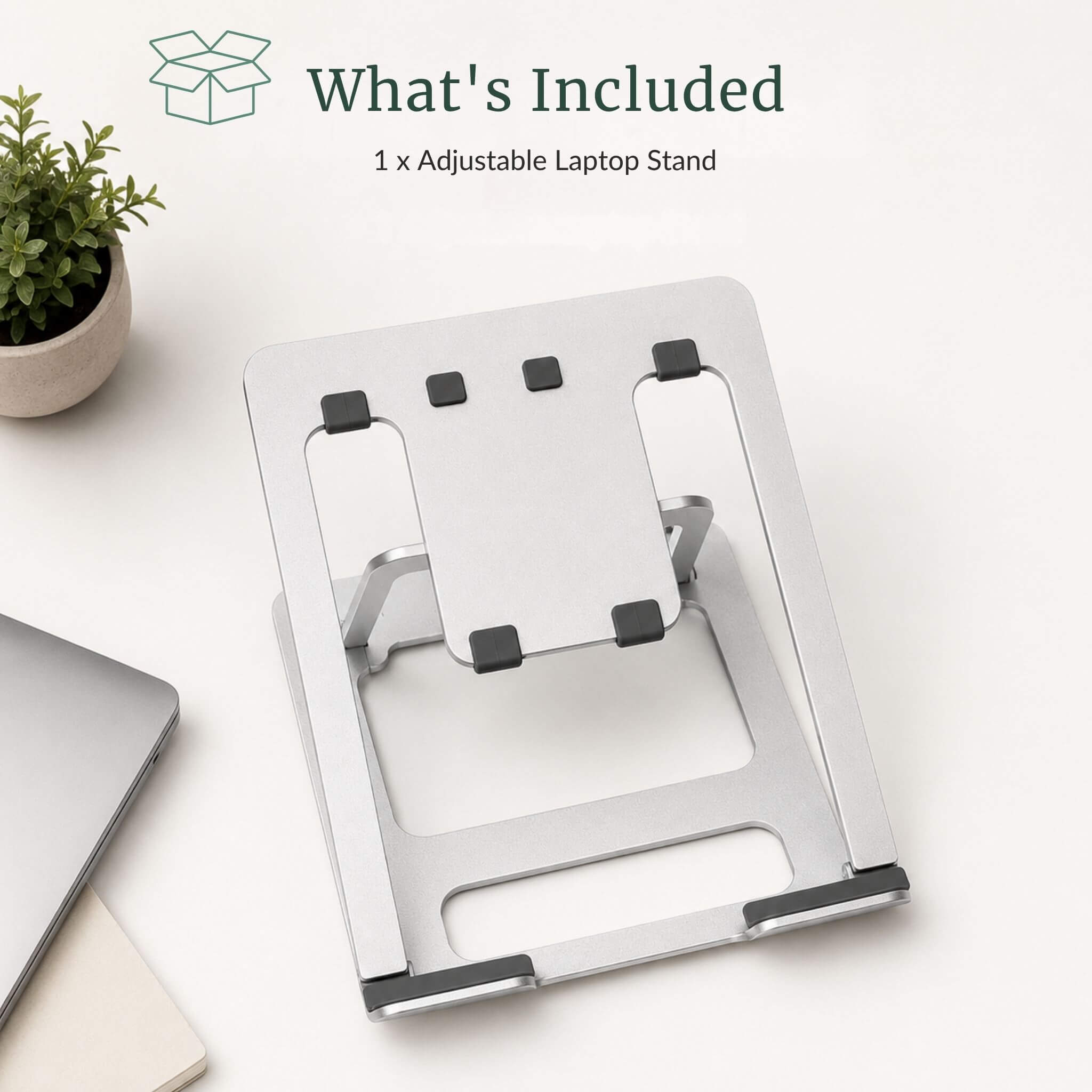 Unboxing view of the RelievoCare adjustable laptop stand package, including the protective travel pouch and product setup manual.