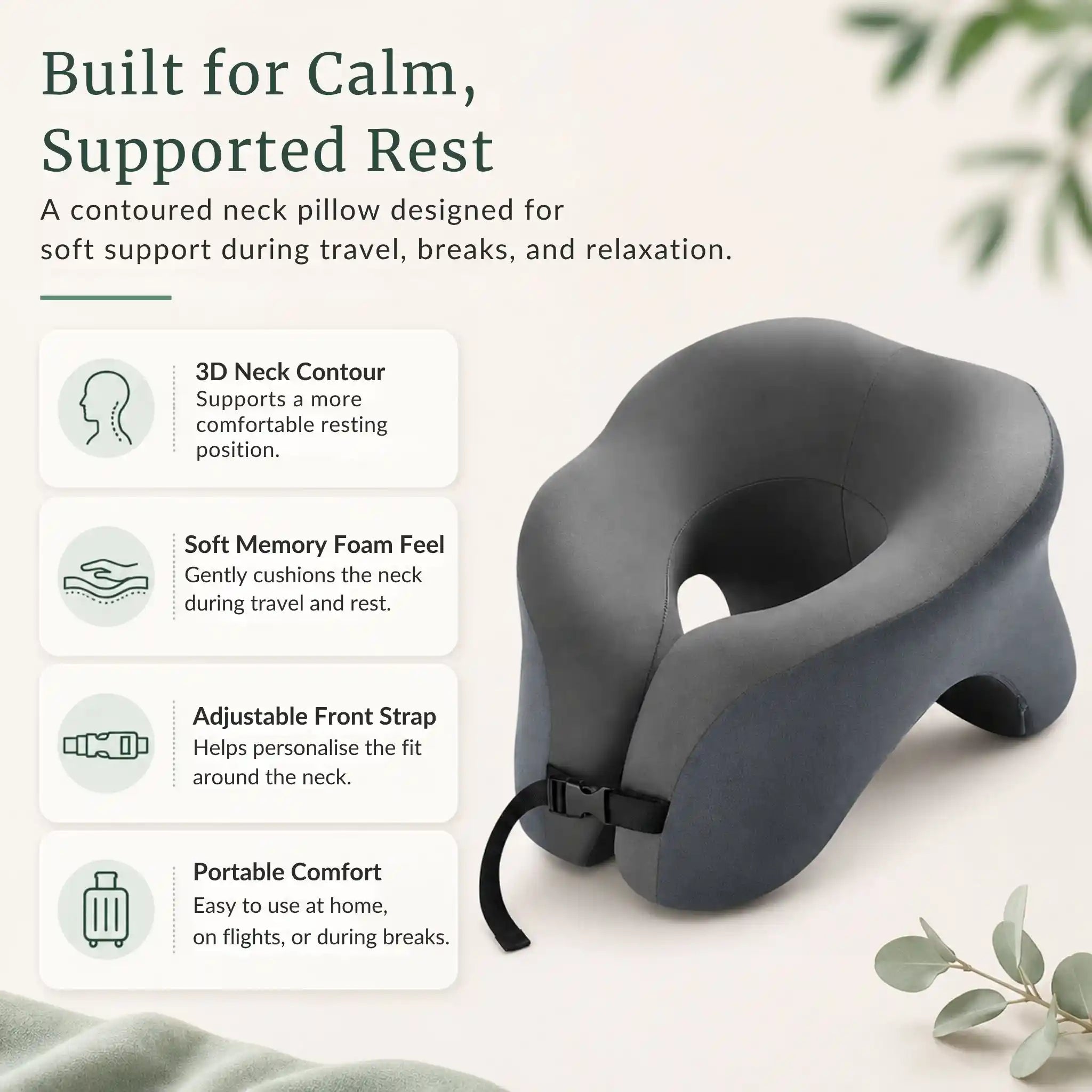Callouts highlighting the adjustable toggle clasp, ergonomic lobe contours, and removable wash cover.