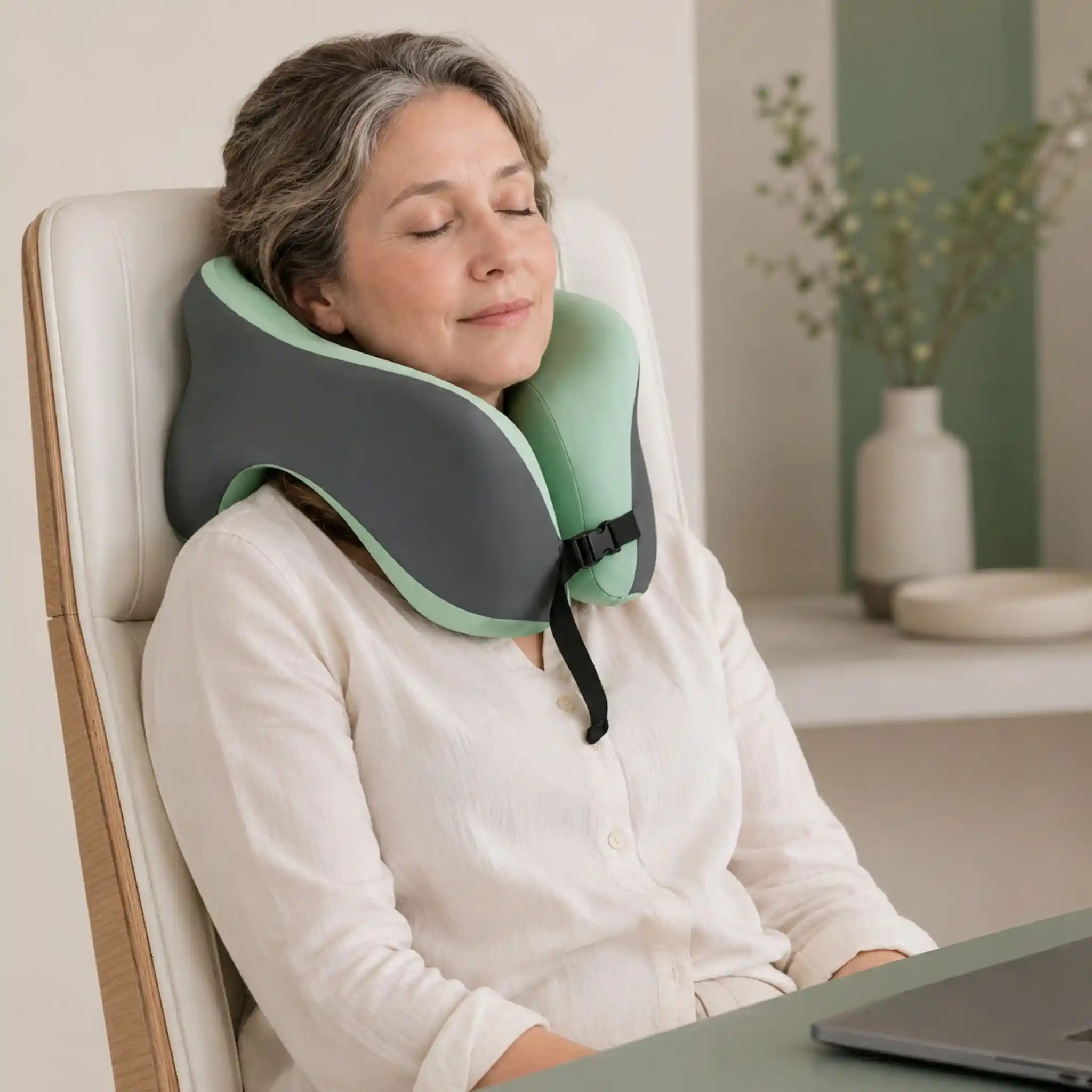 A person leaning back and resting their neck with the RelievoCare Memory Foam Neck Pillow at an office desk.