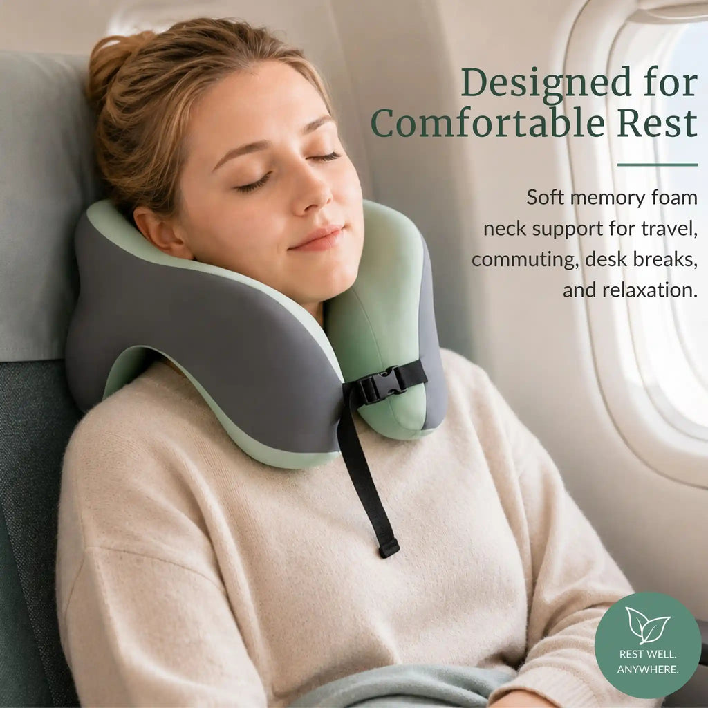 Infographic displaying 360-degree head support to avoid neck strain over long sitting hours.