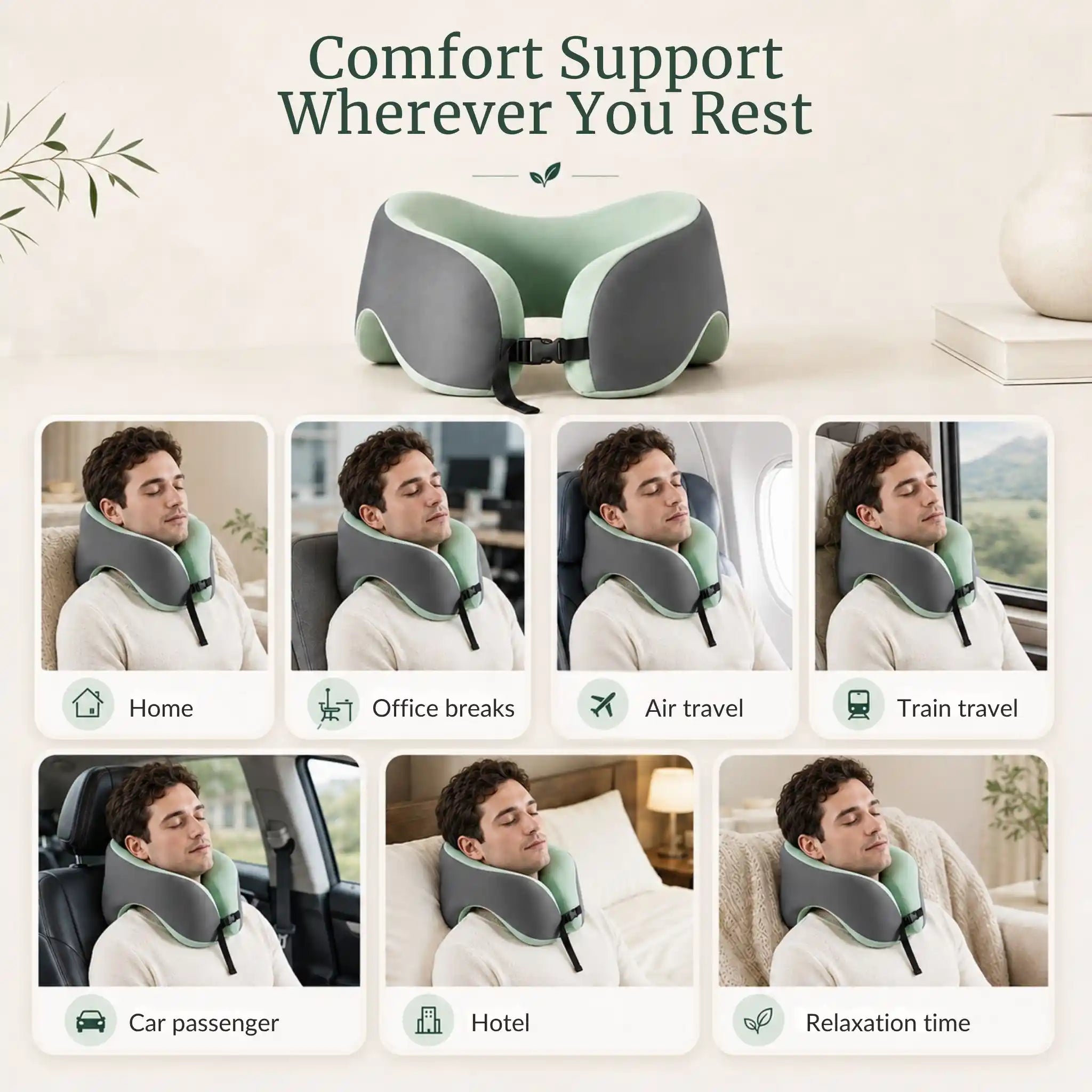 The RelievoCare Memory Foam Neck Pillow shown in use on an airplane, inside a car, and at a study desk.
