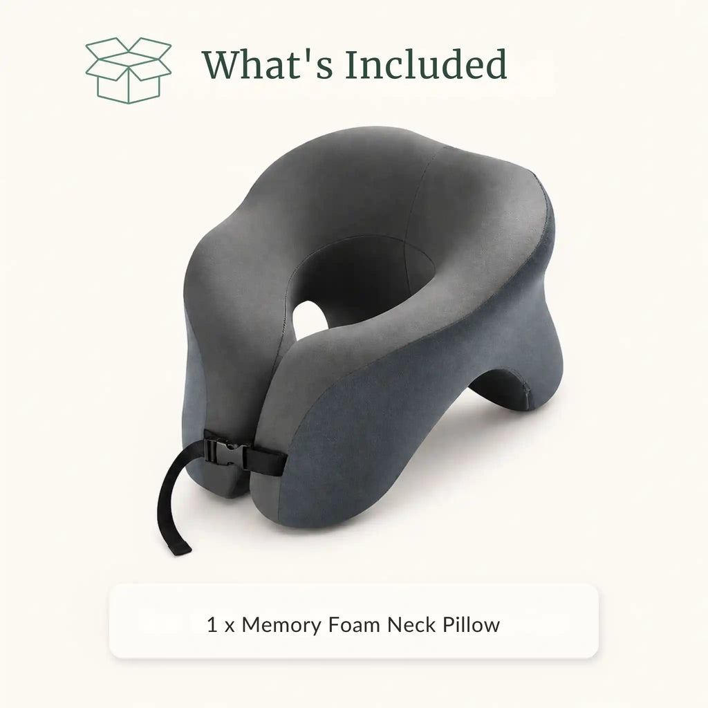 The RelievoCare Memory Foam Neck Pillow compressed inside its compact travel storage bag.