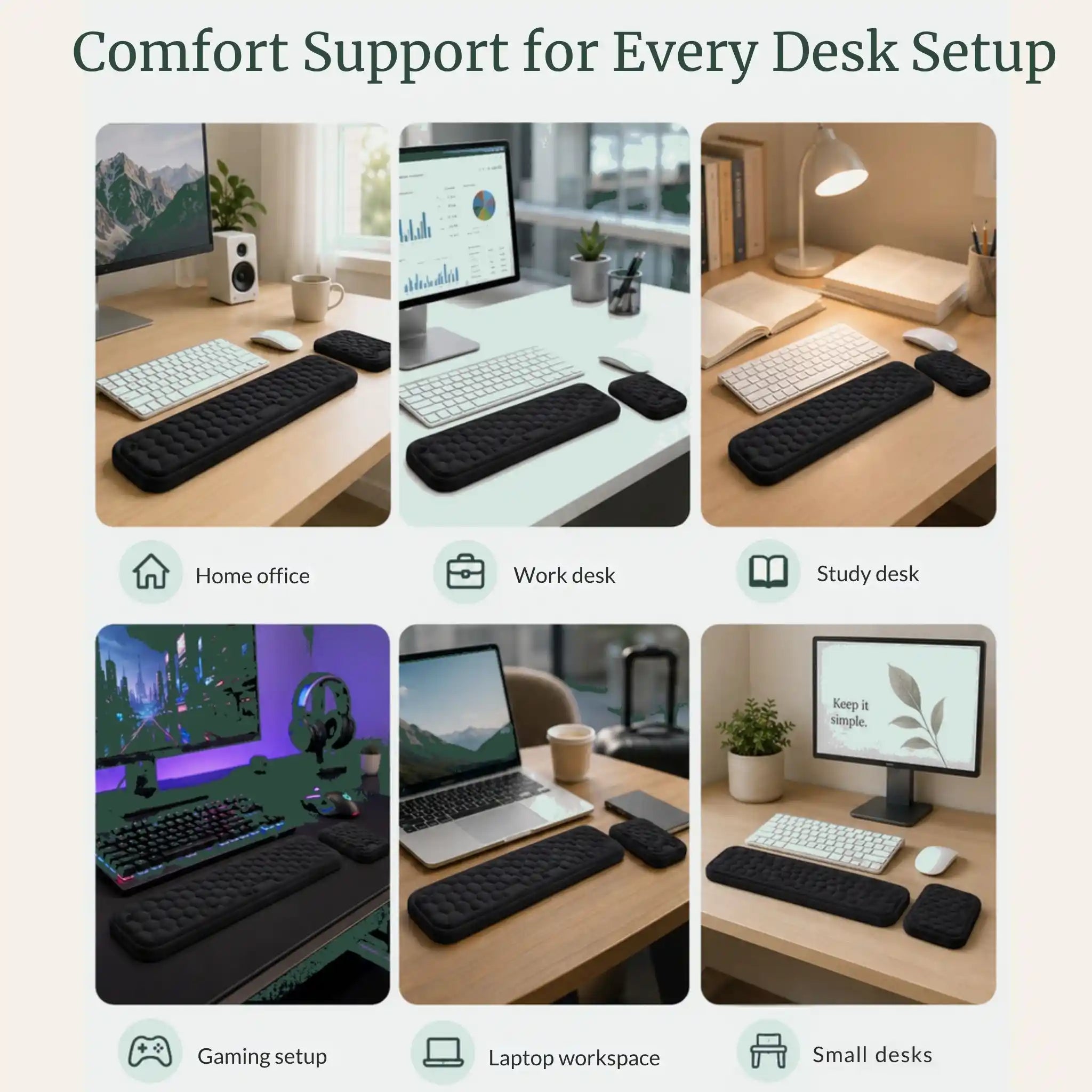 The matching memory foam wrist rest set used across different home, office, and study desks.