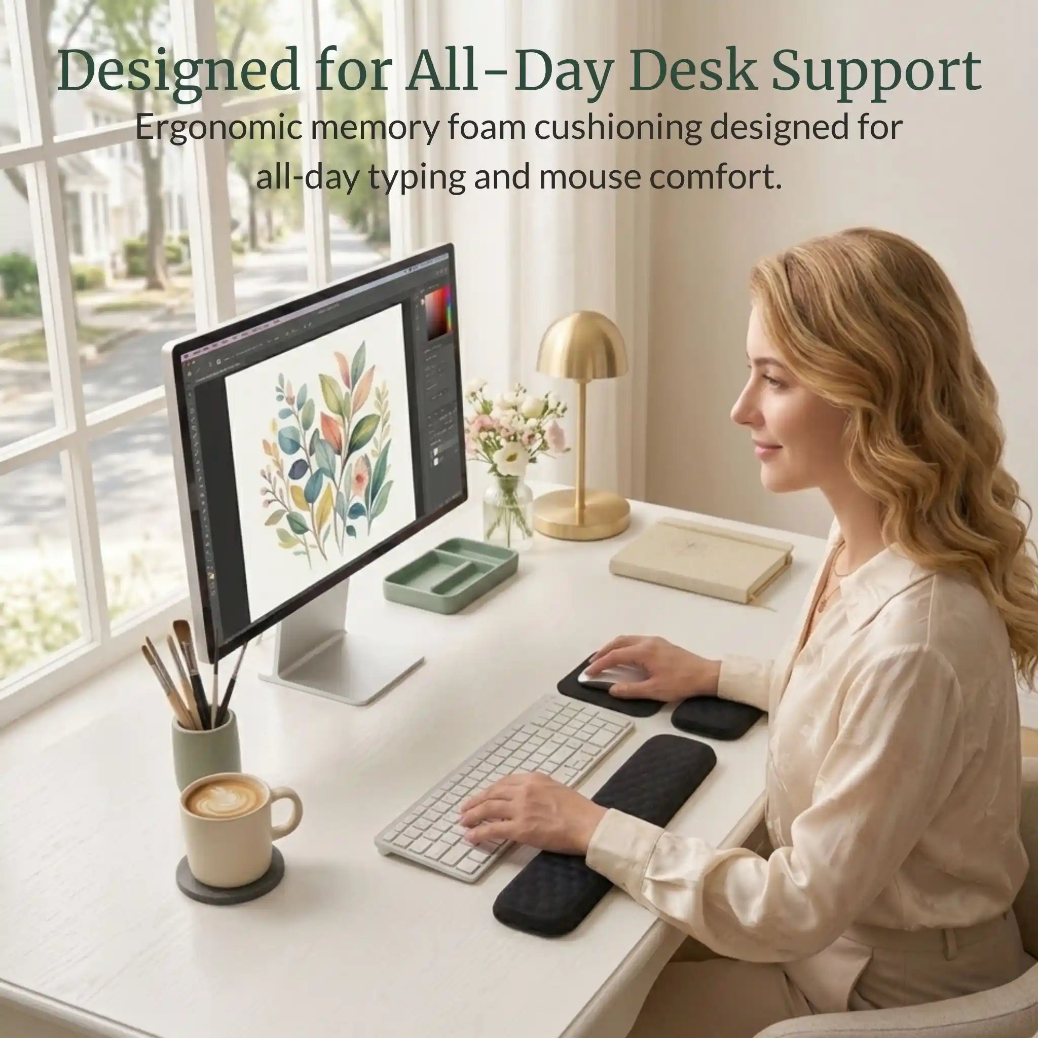 Visual showing how the slow-rebound memory foam cradles wrists during extended typing and gaming sessions.