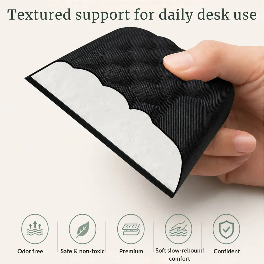 product specifications and dimension diagram for the RelievoCare Memory Foam Wrist Support Set.