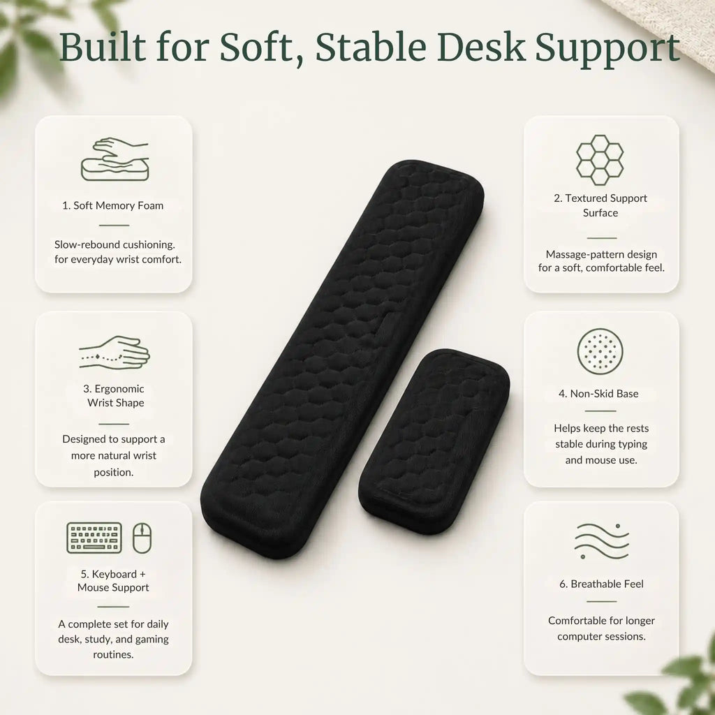 Callouts showing the ergonomic slope, slow-rebound memory foam, and anti-slip base of the RelievoCare Wrist Rest