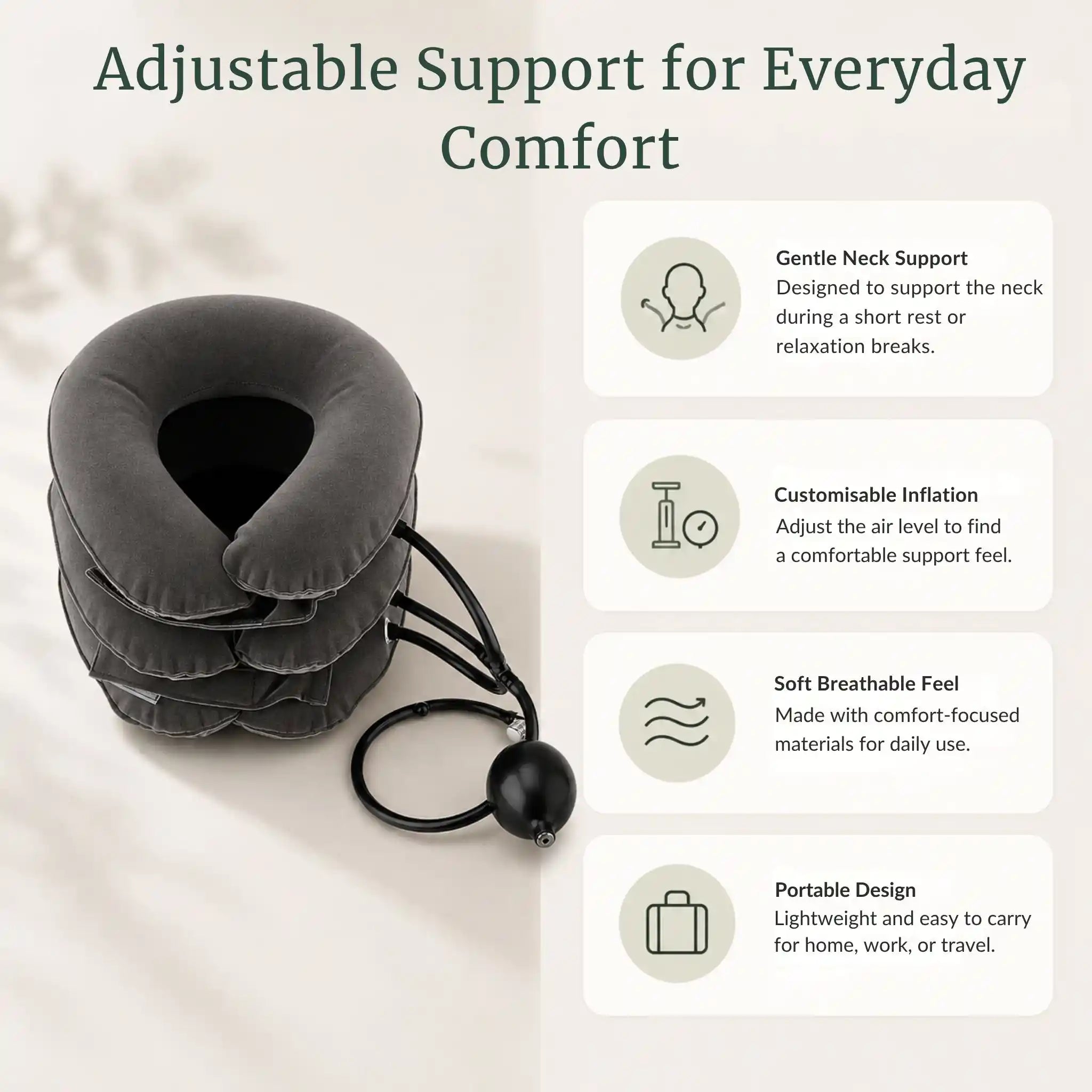 Ergonomic contours and physical feature callouts of the RelievoCare Neck Relief Pillow.