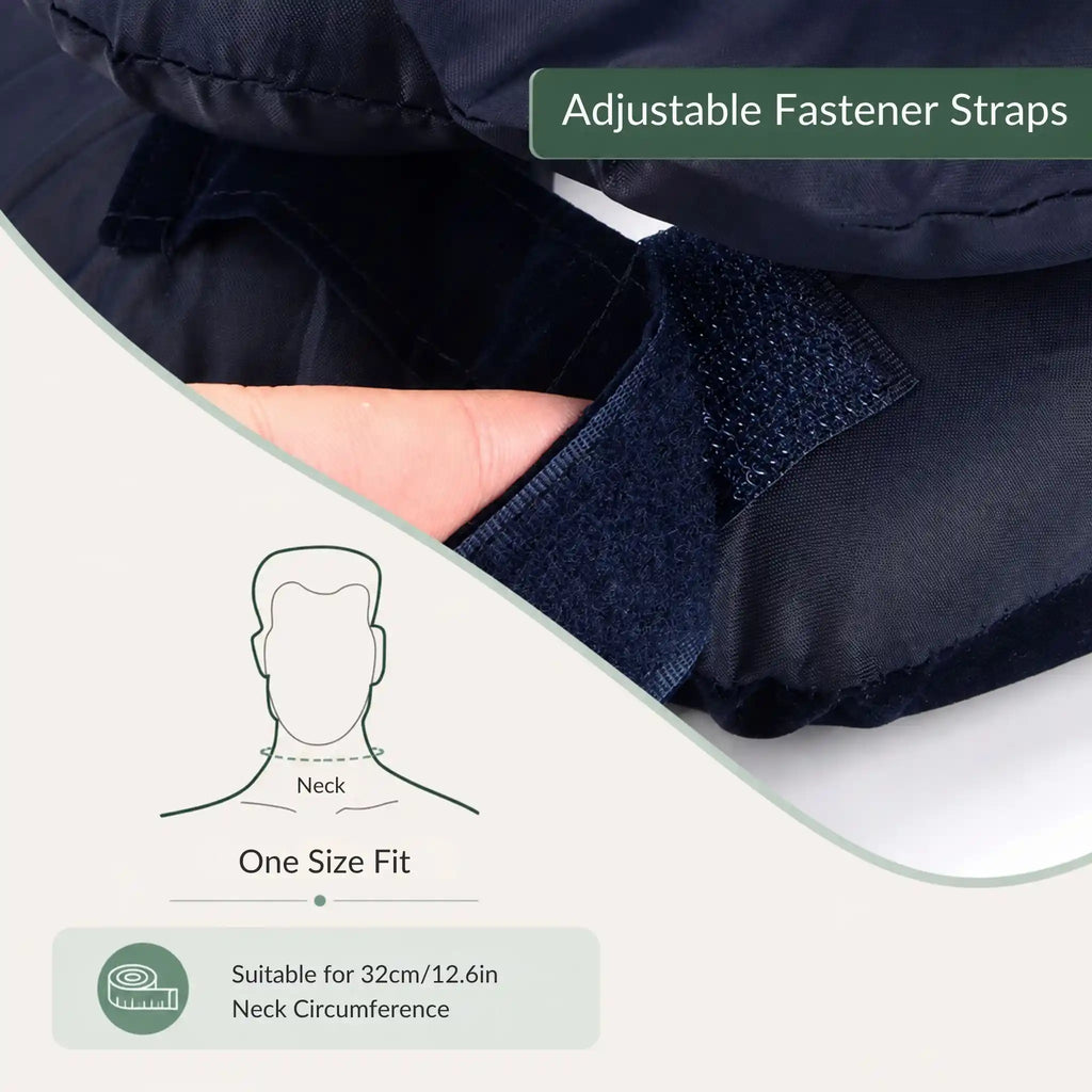 Ergonomic contours and physical feature callouts of the RelievoCare Neck Relief Pillow.