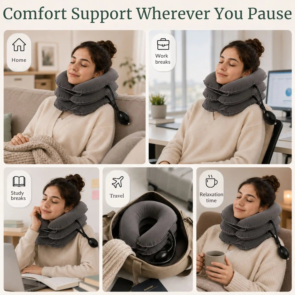 A collage showing the RelievoCare Neck Relief Pillow being used at home, work, in the car, and at a study desk.