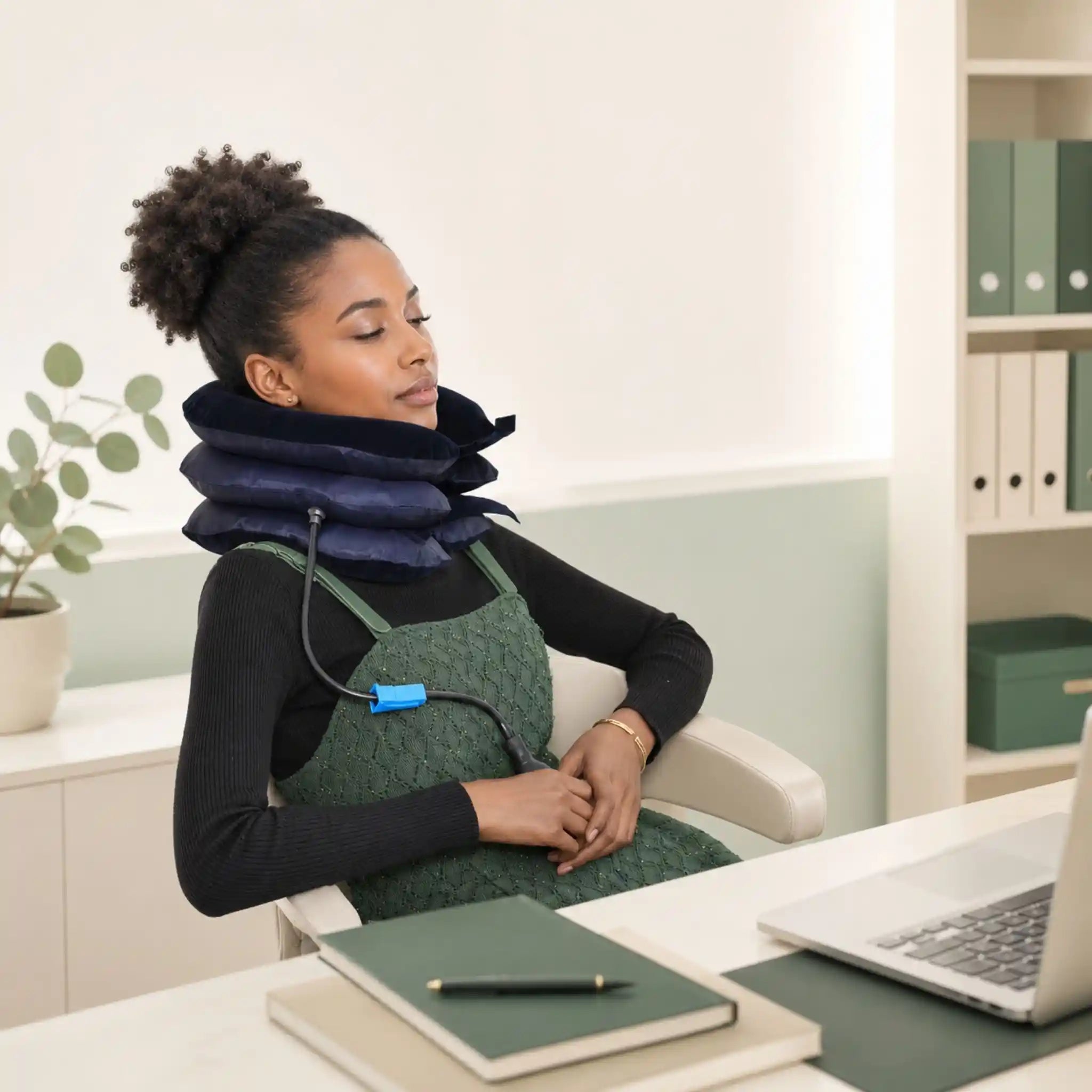A person using the RelievoCare Neck Relief Pillow for posture support while sitting at an office desk.