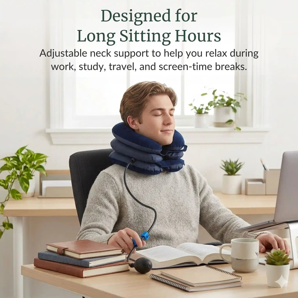 RelievoCare Neck Relief Pillow showing relief benefits for neck pain during long sitting hours.
