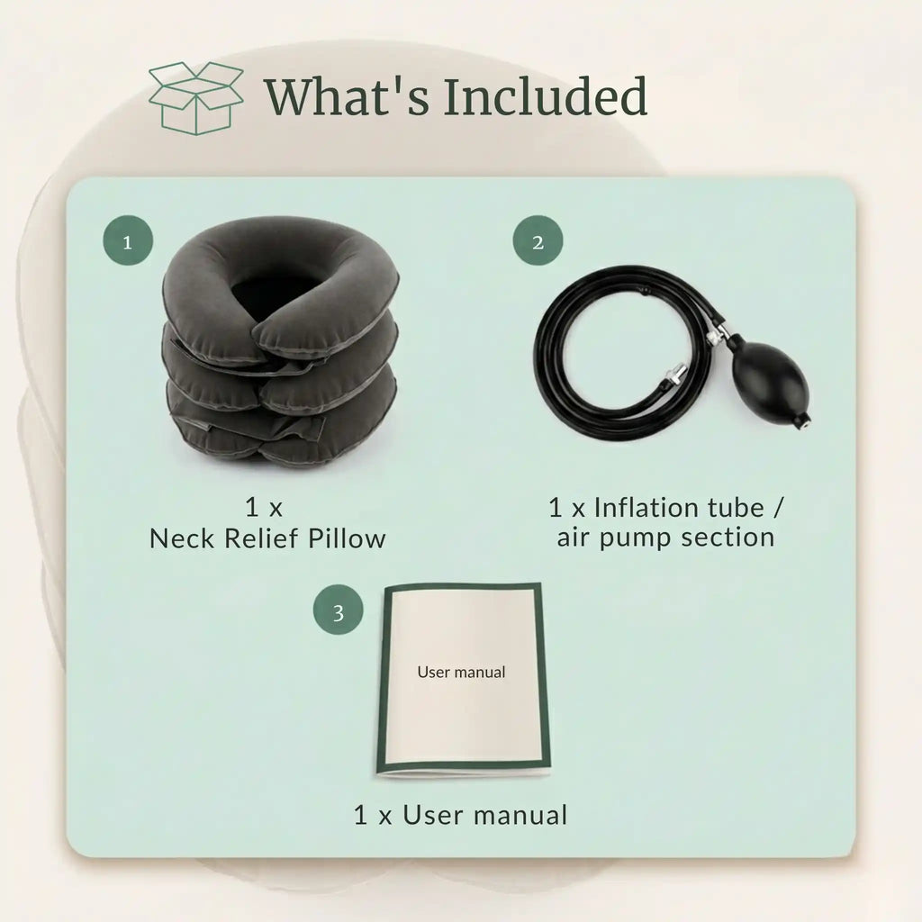 The RelievoCare Neck Relief Pillow unboxed with its carrying pouch and packaging contents.