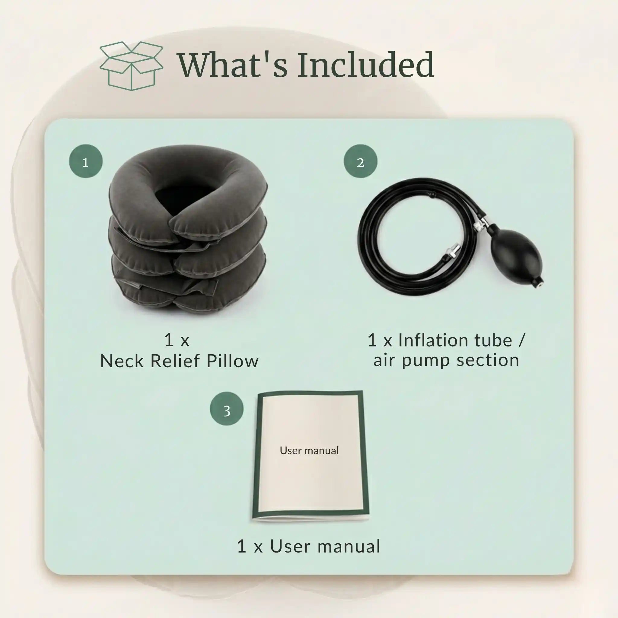 The RelievoCare Neck Relief Pillow unboxed with its carrying pouch and packaging contents.