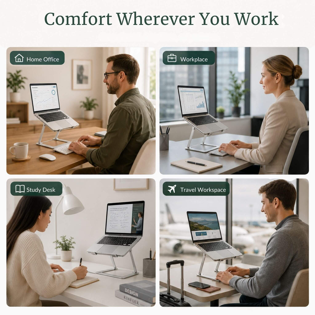 Versatile RelievoCare portable laptop stand being used to fix posture at a corporate office workstation, a home dining table, and a college study desk.