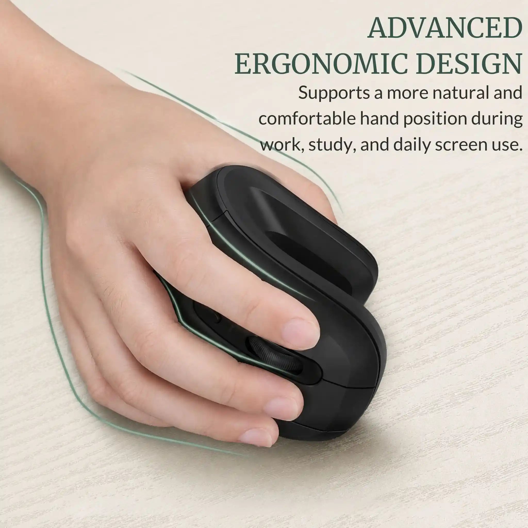 RelievoCare Silent Vertical Mouse highlighting muscle relief and quiet workspace benefits for long sitting hours.