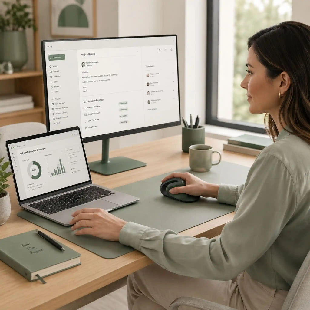 A person typing and using the quiet-click RelievoCare Silent Vertical Mouse at a workspace.