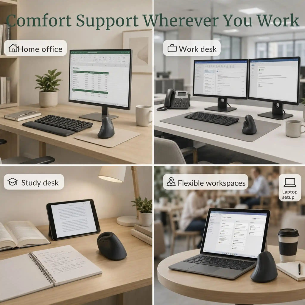 The RelievoCare Silent Vertical Mouse used in quiet environments like a library, home office, and study desk.