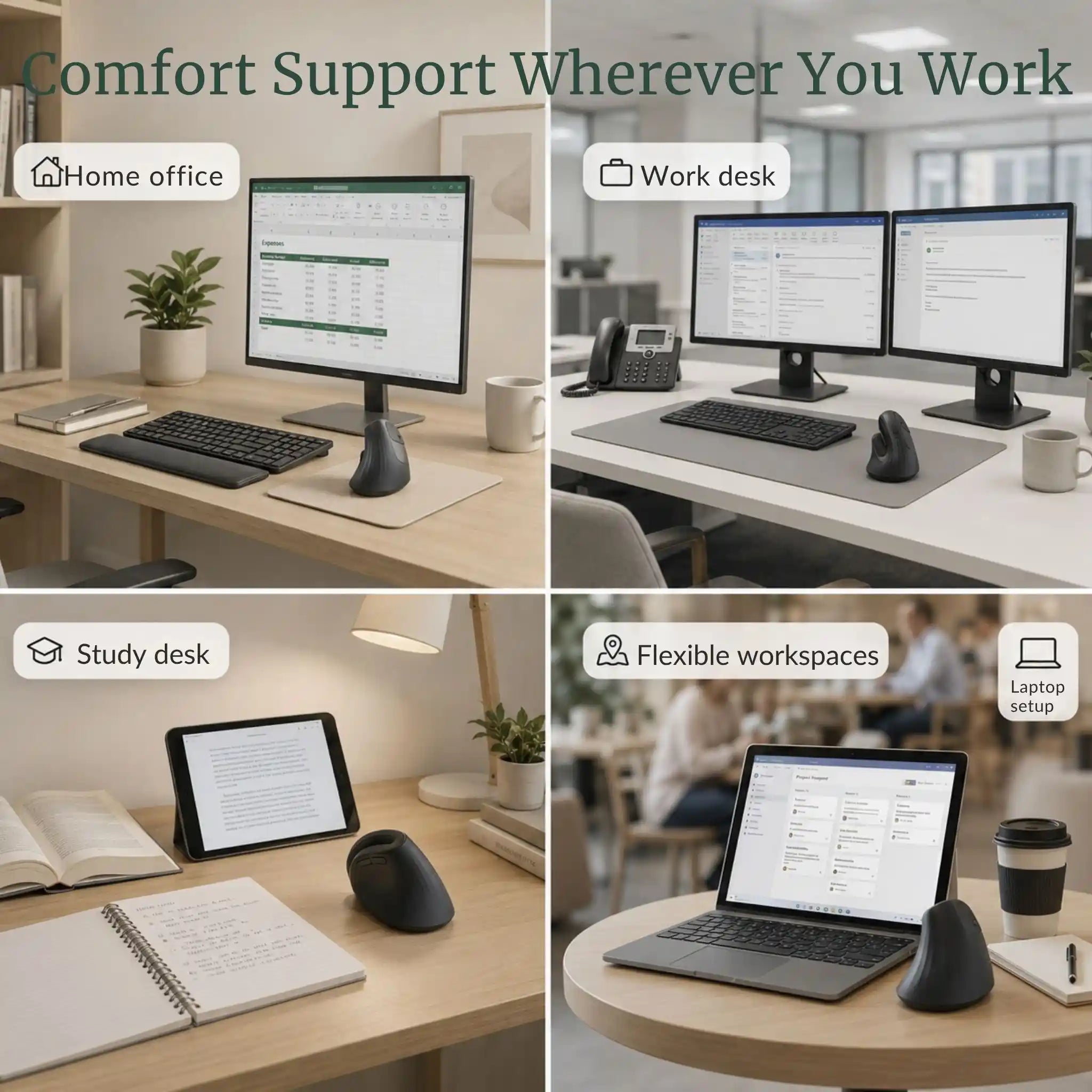 The RelievoCare Silent Vertical Mouse used in quiet environments like a library, home office, and study desk.