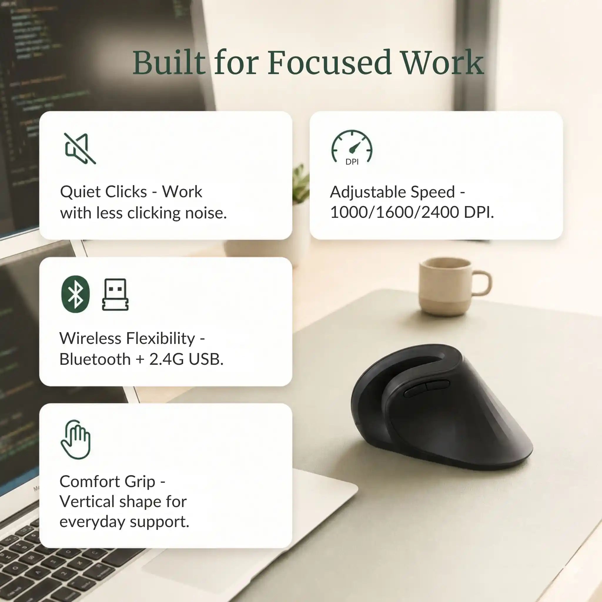 RelievoCare Silent Vertical Mouse features.