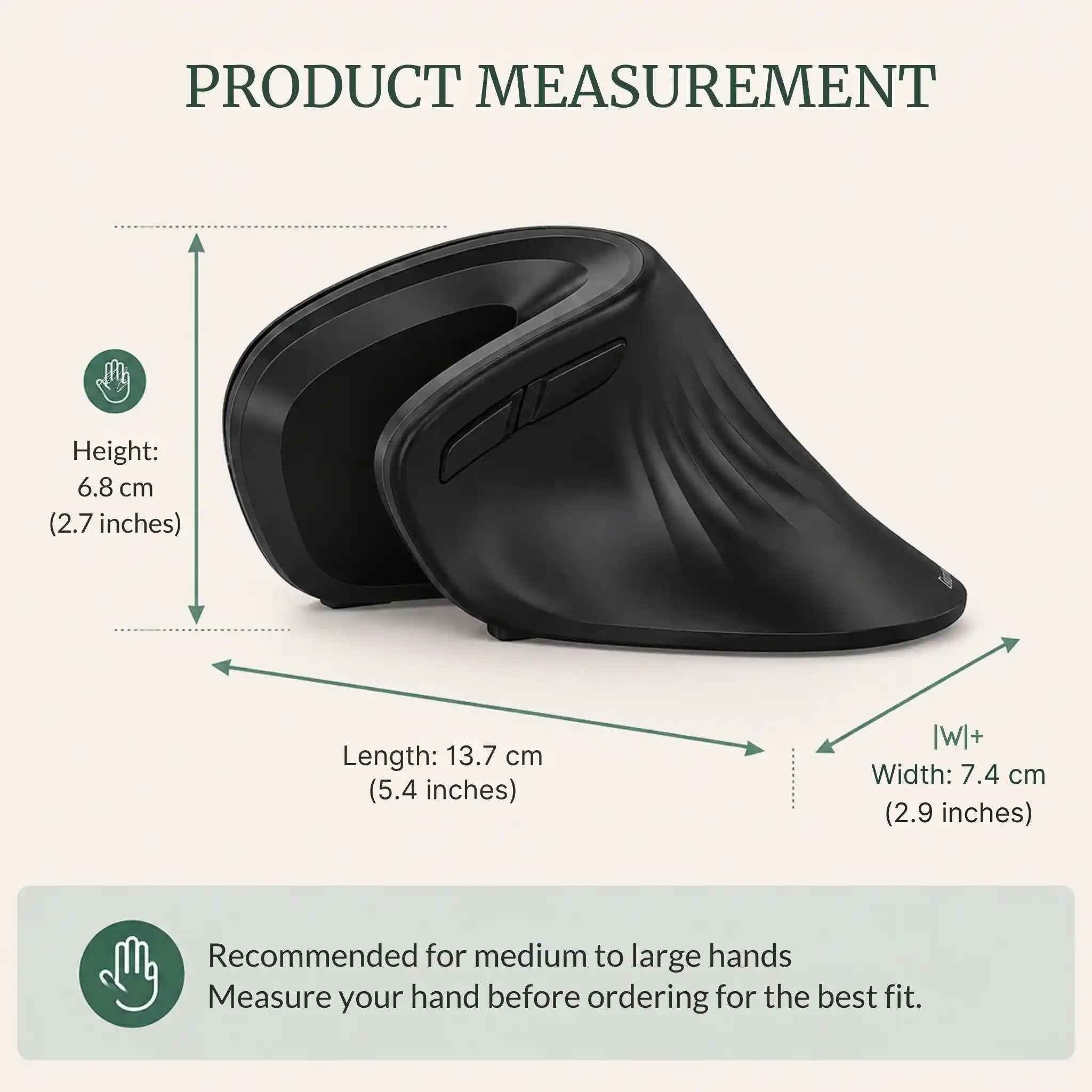 Measurement guide and sizing chart for the RelievoCare Silent Vertical Mouse.