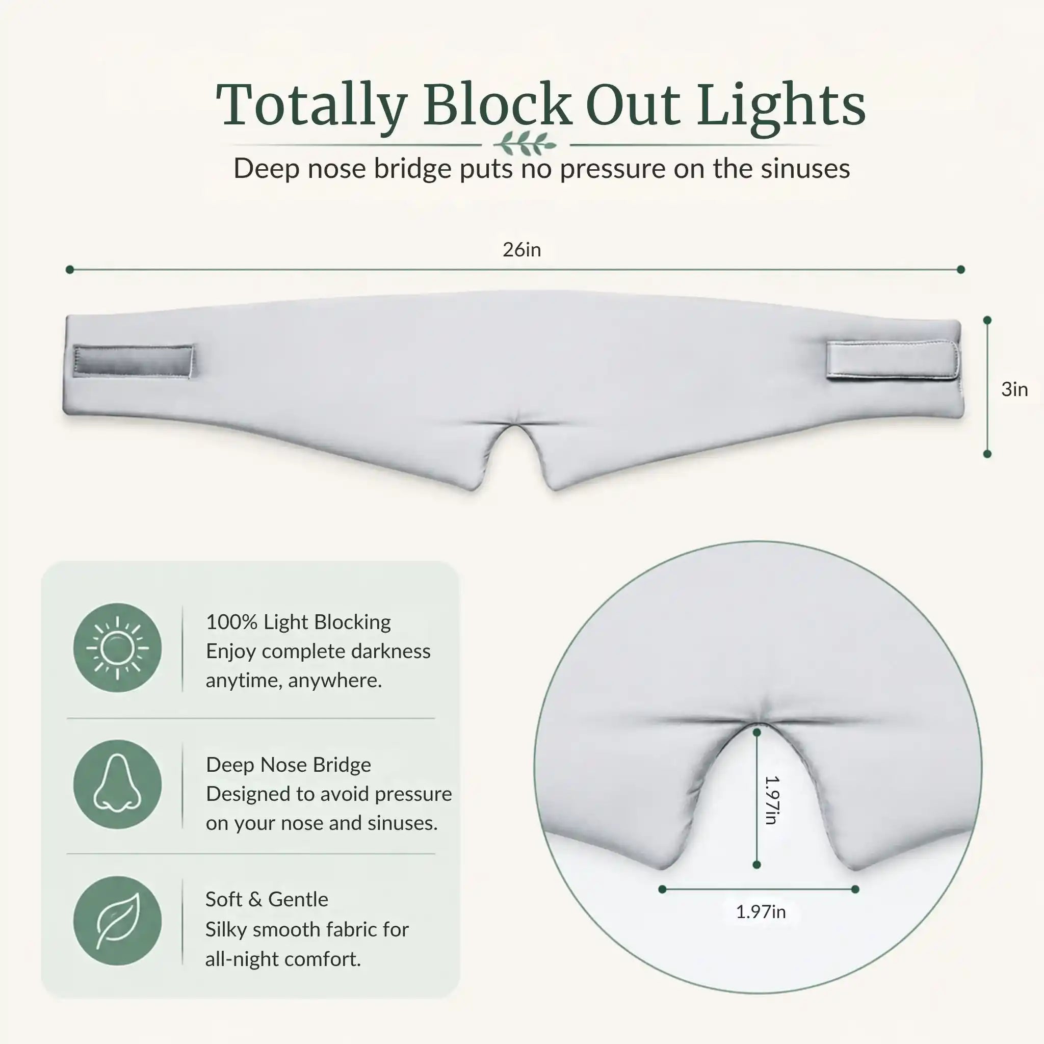Sizing graphic showing the wide coverage area and adjustable elastic band measurements of the silk mask.