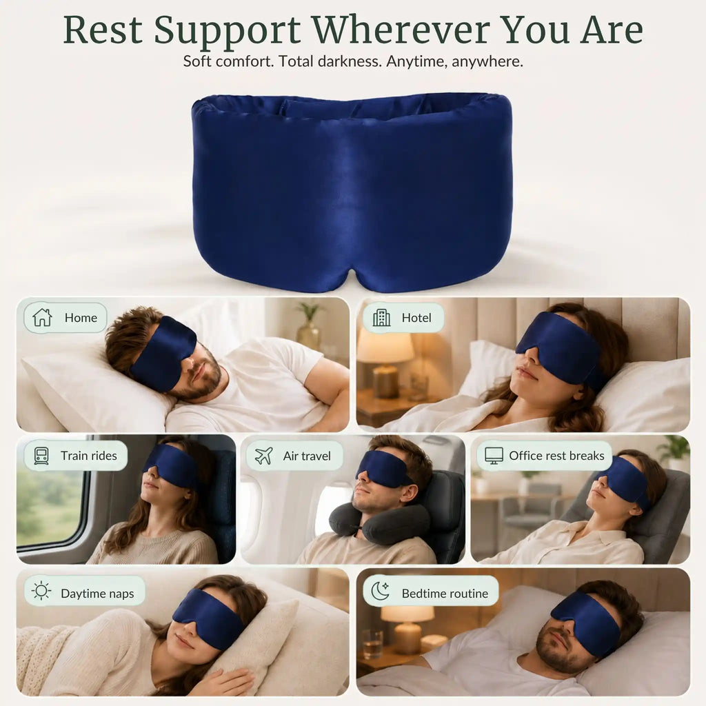 The RelievoCare Silk Recovery Sleep Mask used for night sleeping at home, luxury travel, and office naps.