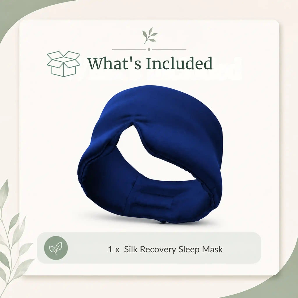 The RelievoCare Silk Recovery Sleep Mask showcased with its luxury silk storage bag