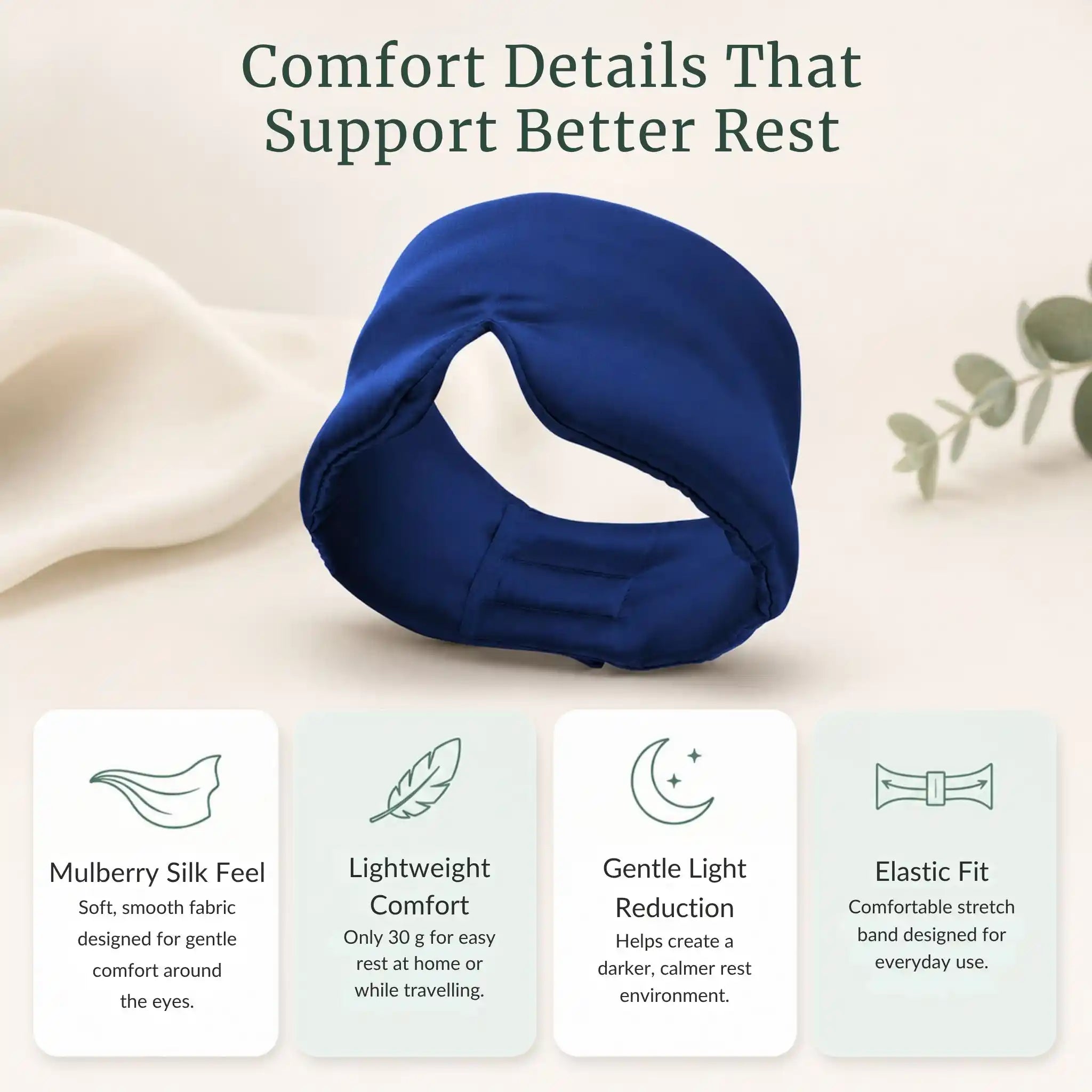 Diagram highlighting the 100% pure mulberry silk material and the anti-aging, zero-friction fit.