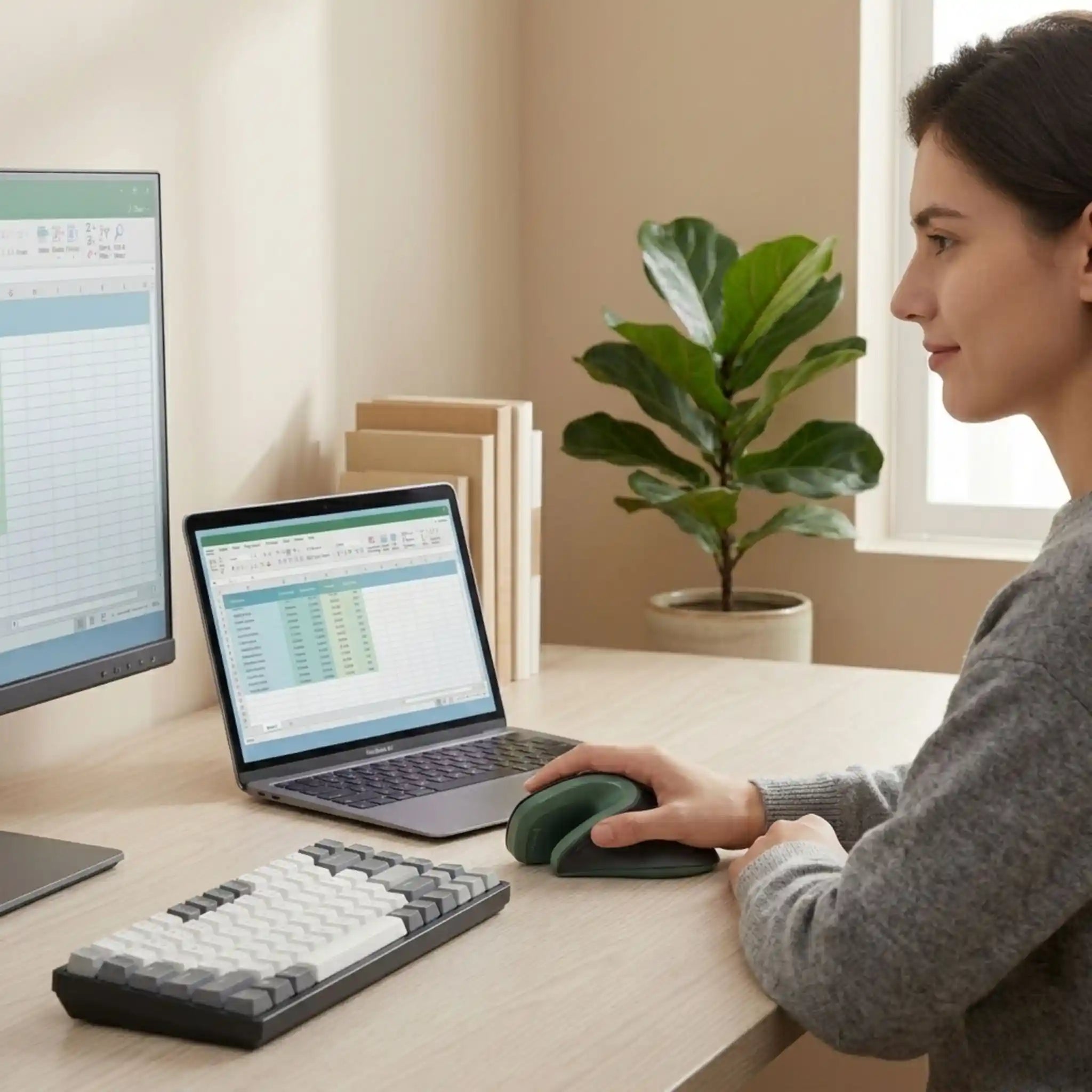 A professional using the RelievoCare Vertical Comfort Mouse at a modern office desk setup.