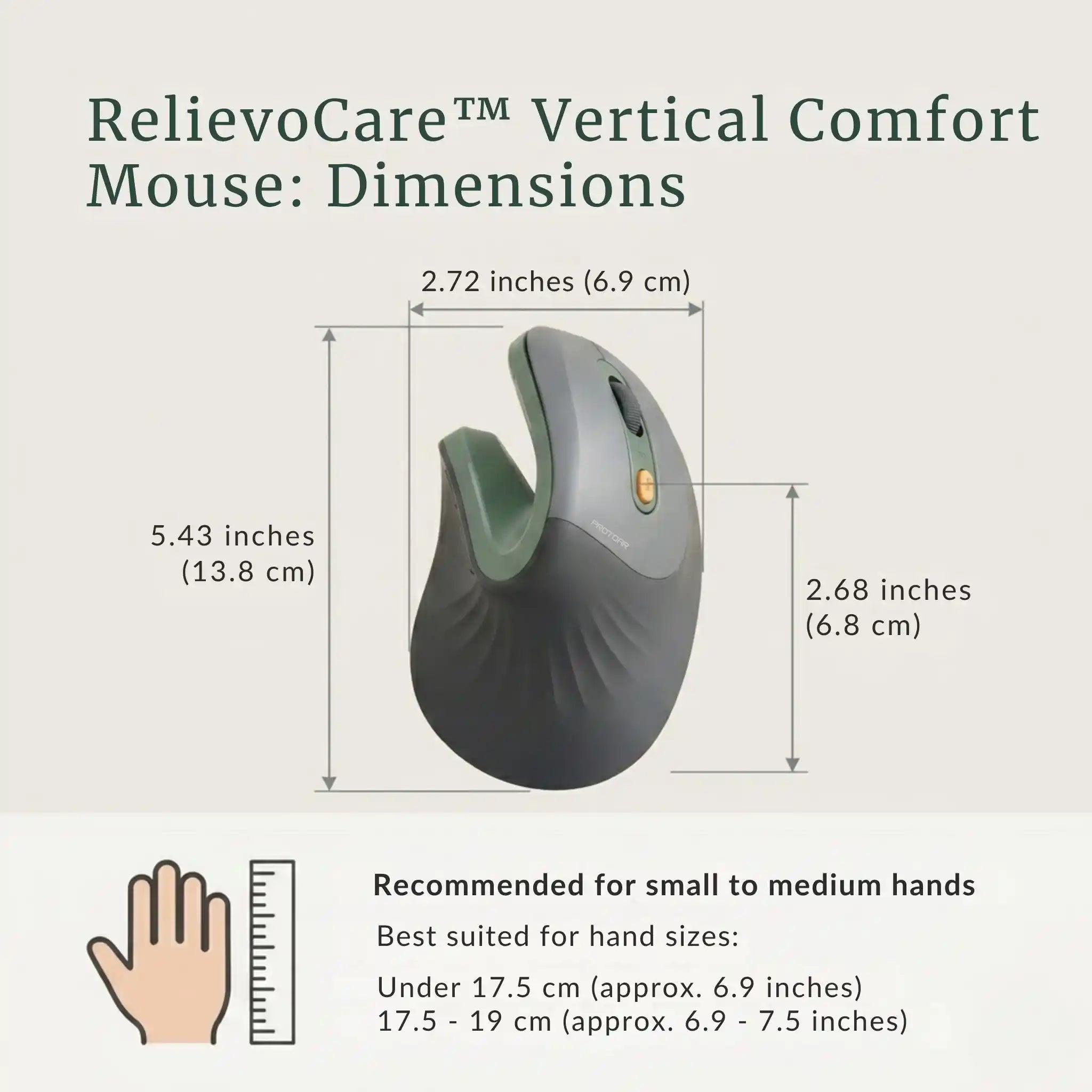 Dimension chart showing the length, width, and grip size of the RelievoCare Vertical Comfort Mouse.