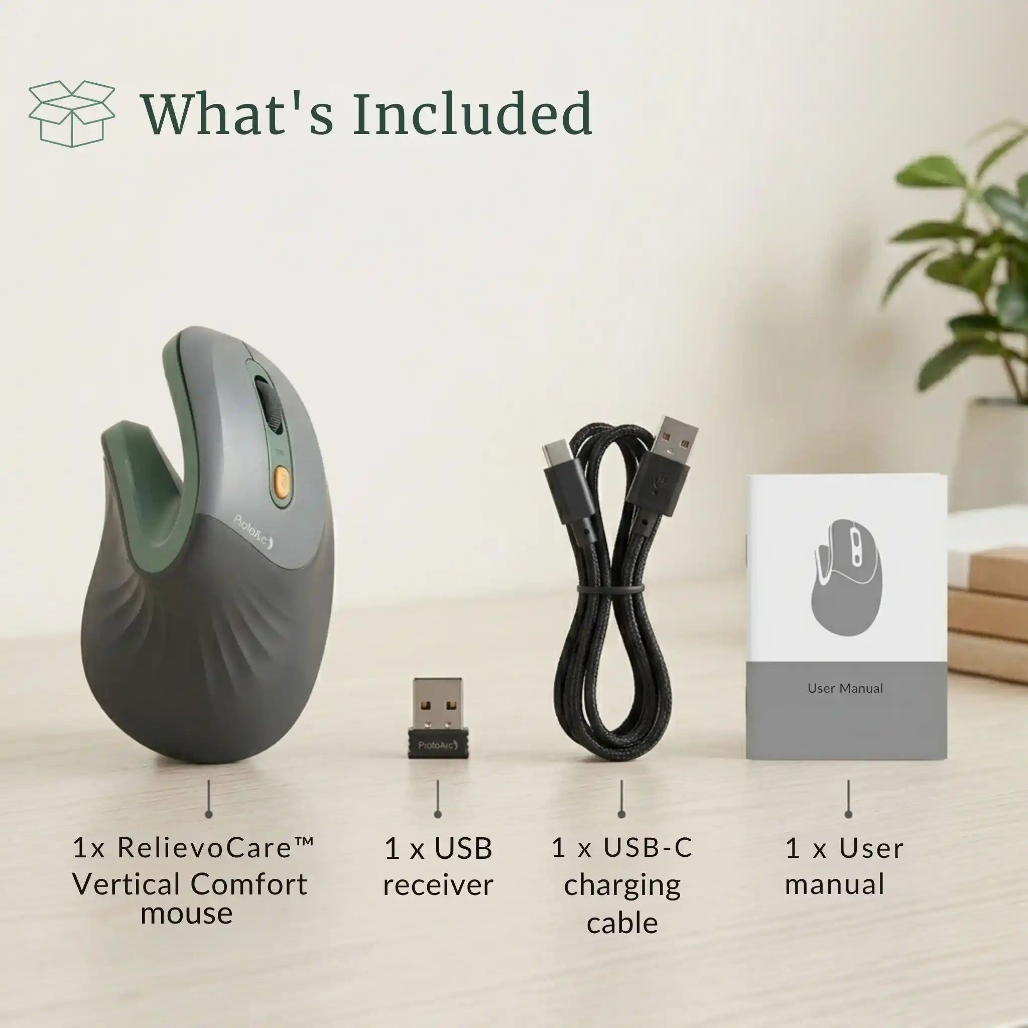 RelievoCare Vertical Comfort Mouse retail box content including the wireless USB receiver and charging cable.