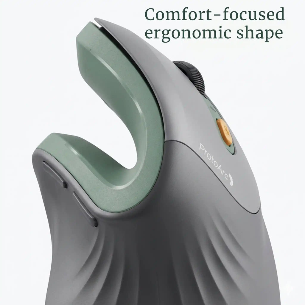 Close-up of the non-slip matte texture and ergonomic thumb rest of the RelievoCare Vertical Comfort Mouse.