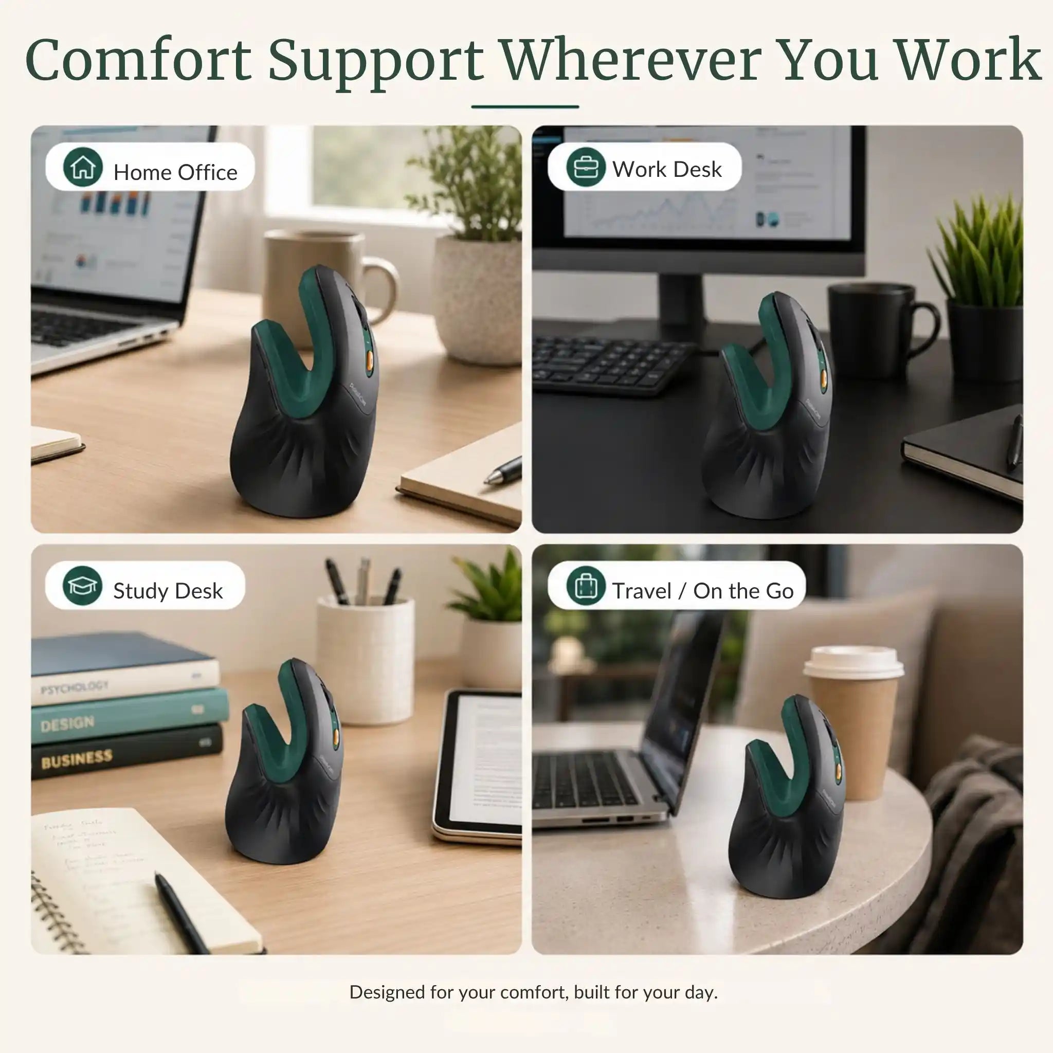 The RelievoCare ergonomic vertical mouse being used on a desk at home, in the office, and while traveling.